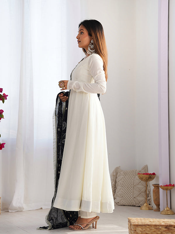Black Dupatta Vichitra Silk Off White Anarkali Gown With Pant Set