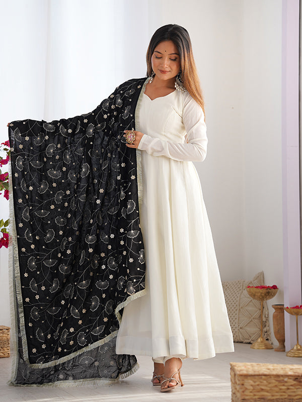 Black Dupatta Vichitra Silk Off White Anarkali Gown With Pant Set