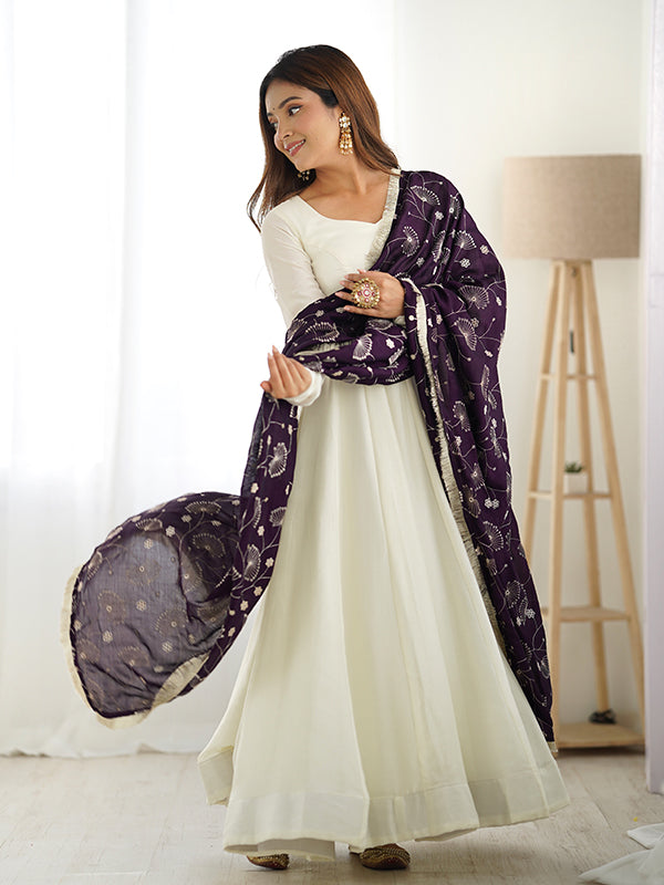 Purple Dupatta Vichitra Silk Off White Anarkali Gown With Pant Set