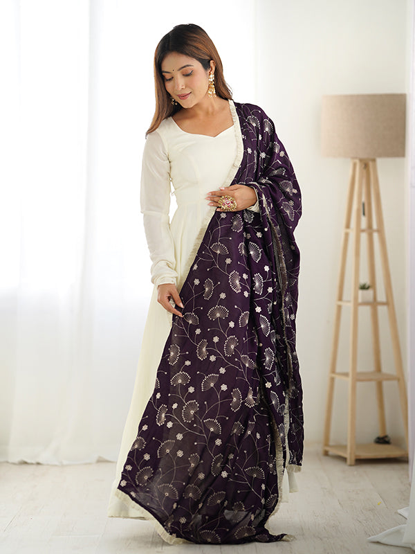 Purple Dupatta Vichitra Silk Off White Anarkali Gown With Pant Set