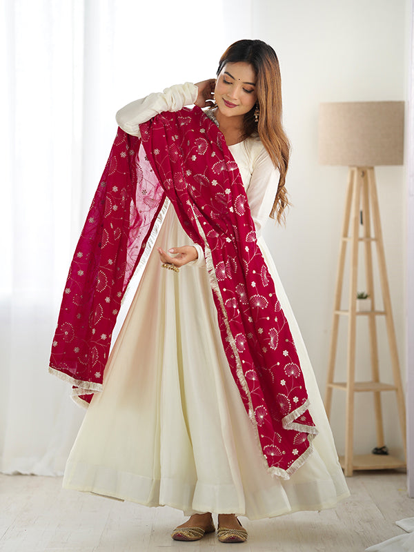 Rani Pink Dupatta Vichitra Silk Off White Anarkali Gown With Pant Set