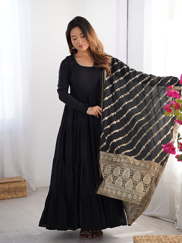 Black Layered Plain Anarkali Gown With Pant & Dupatta Set
