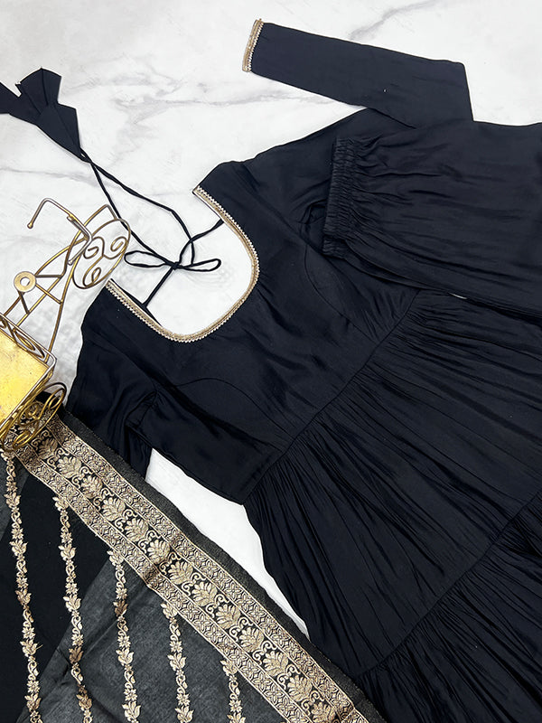 Black Layered Plain Anarkali Gown With Pant & Dupatta Set