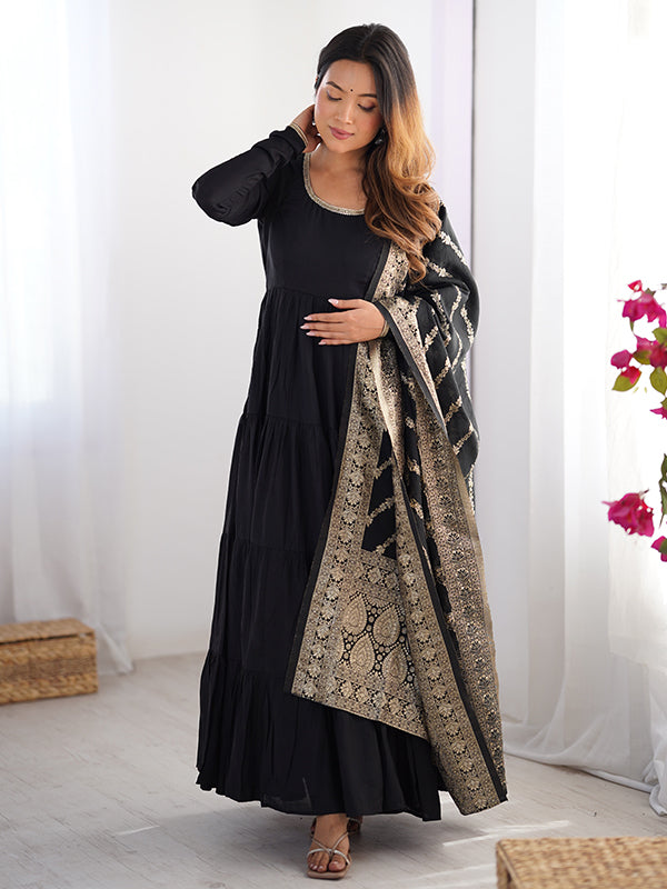 Black Layered Plain Anarkali Gown With Pant & Dupatta Set