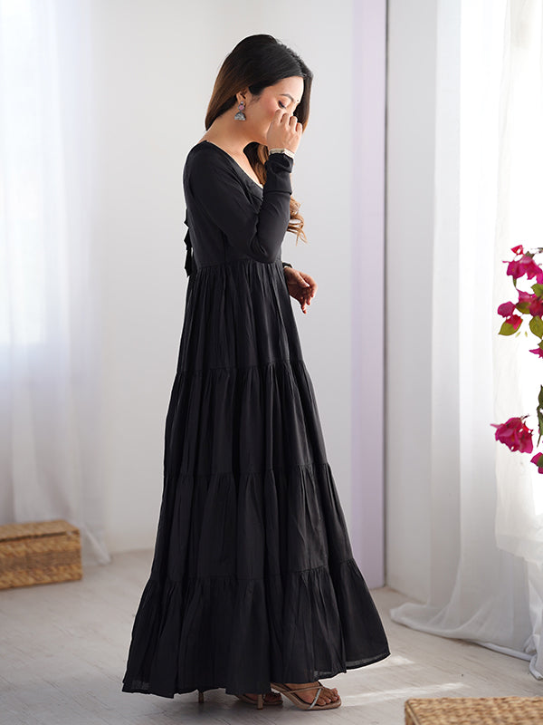 Black Layered Plain Anarkali Gown With Pant & Dupatta Set