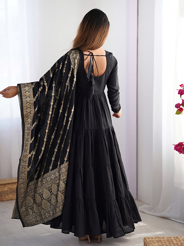 Black Layered Plain Anarkali Gown With Pant & Dupatta Set