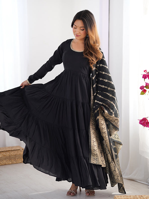 Black Layered Plain Anarkali Gown With Pant & Dupatta Set