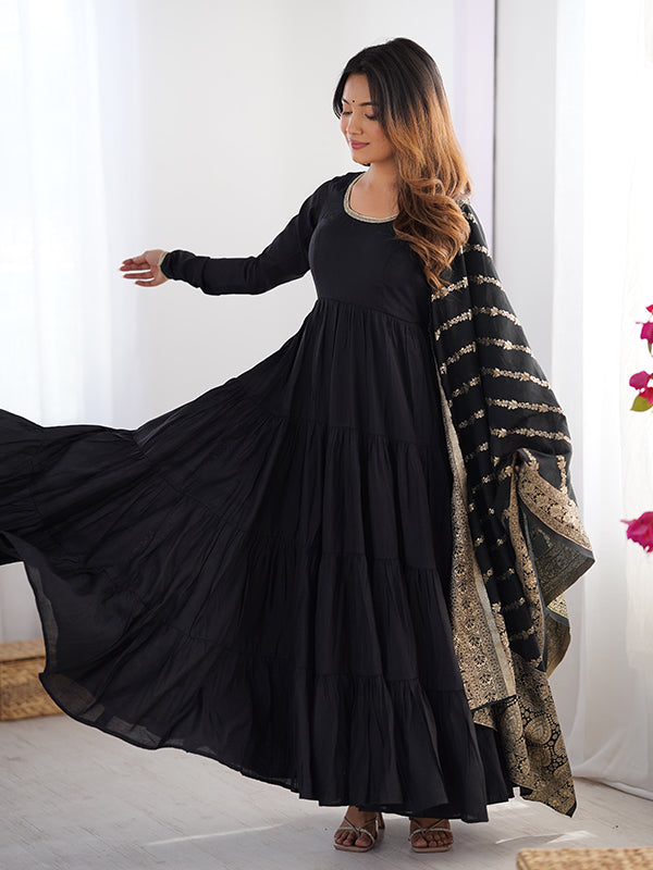 Black Layered Plain Anarkali Gown With Pant & Dupatta Set