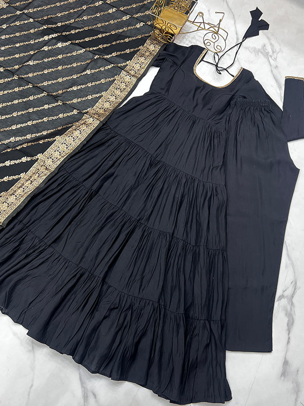 Black Layered Plain Anarkali Gown With Pant & Dupatta Set