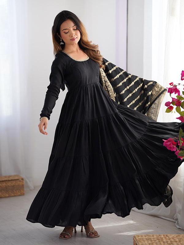 Black Layered Plain Anarkali Gown With Pant & Dupatta Set