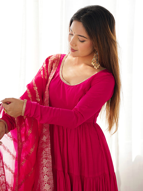 Pink Layered Plain Anarkali Gown With Pant & Dupatta Set