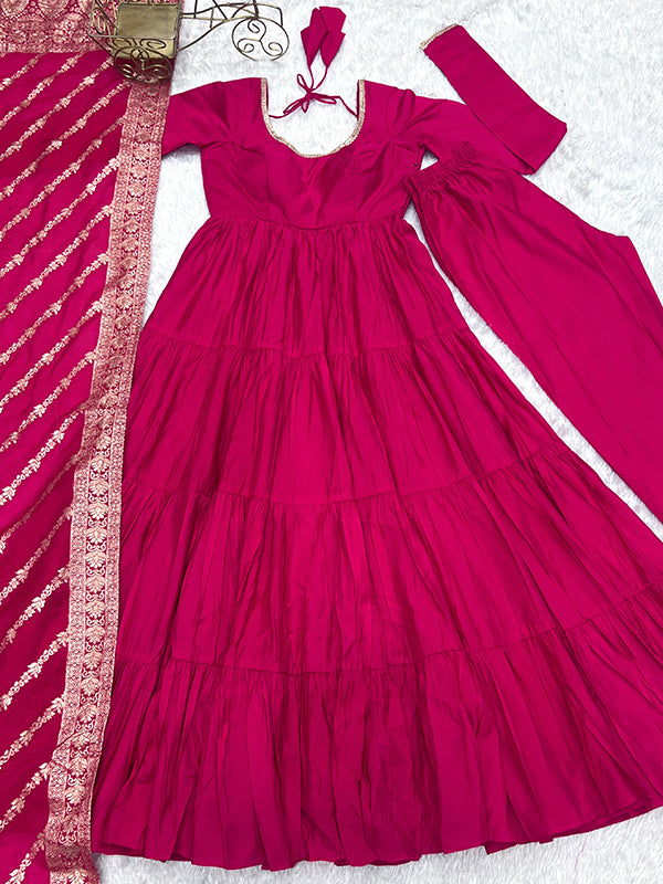 Pink Layered Plain Anarkali Gown With Pant & Dupatta Set