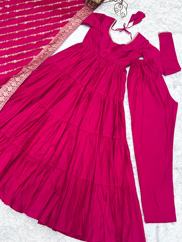 Pink Layered Plain Anarkali Gown With Pant & Dupatta Set