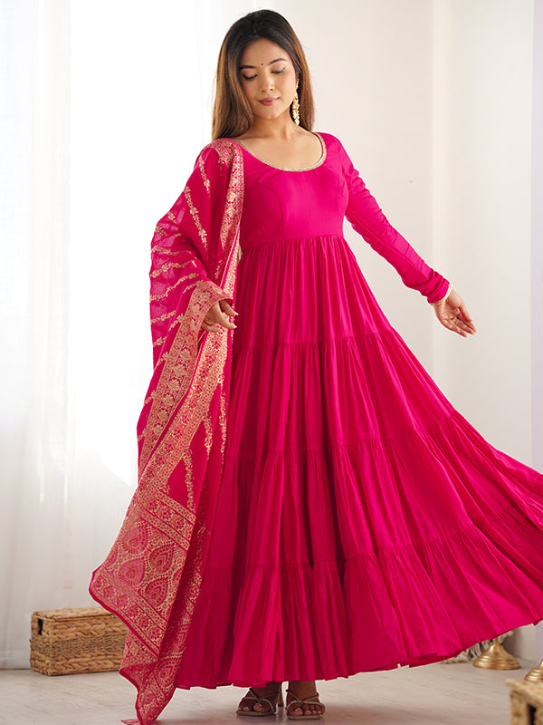 Pink Layered Plain Anarkali Gown With Pant & Dupatta Set