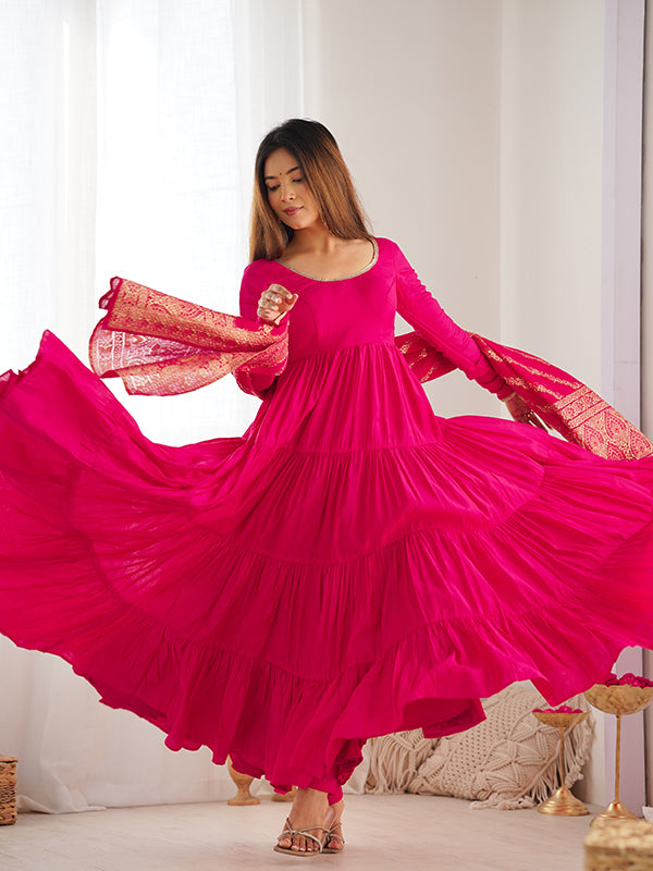 Pink Layered Plain Anarkali Gown With Pant & Dupatta Set