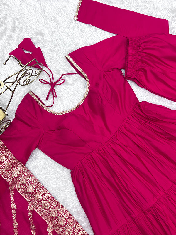 Pink Layered Plain Anarkali Gown With Pant & Dupatta Set