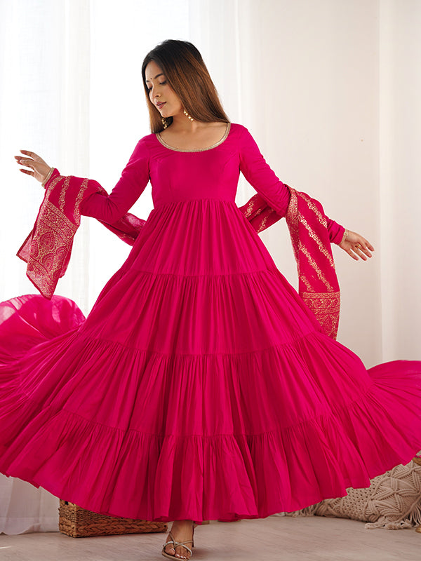 Pink Layered Plain Anarkali Gown With Pant & Dupatta Set