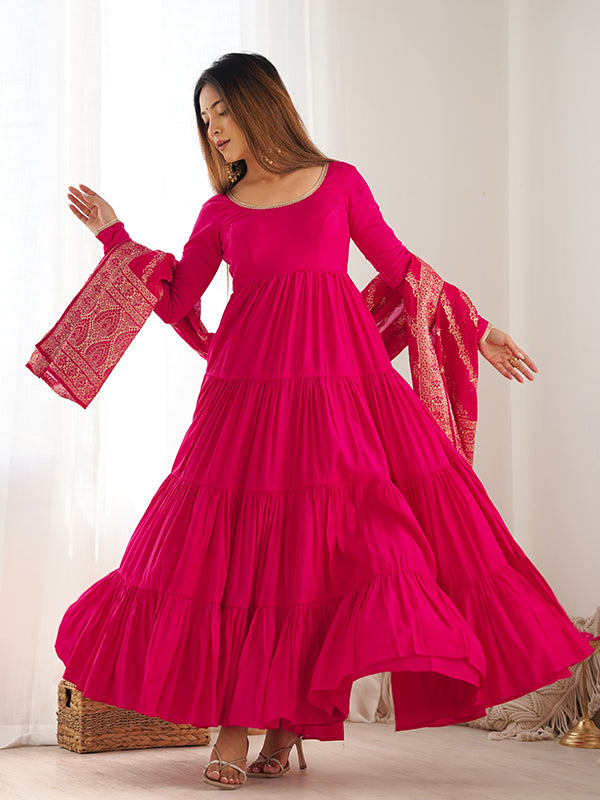 Pink Layered Plain Anarkali Gown With Pant & Dupatta Set