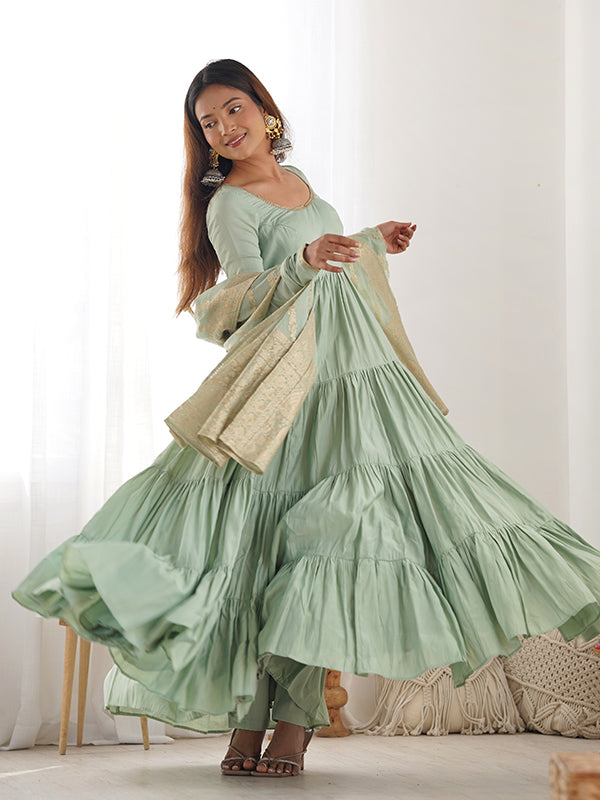 Pista Layered Plain Anarkali Gown With Pant & Dupatta Set