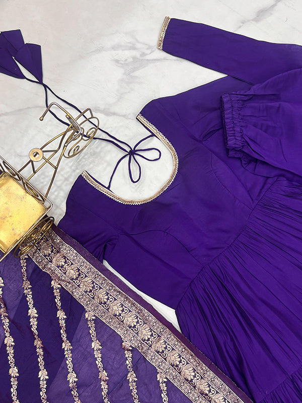 Purple Layered Plain Anarkali Gown With Pant & Dupatta Set