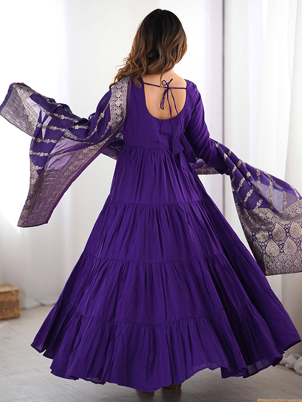 Purple Layered Plain Anarkali Gown With Pant & Dupatta Set