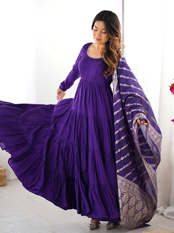 Purple Layered Plain Anarkali Gown With Pant & Dupatta Set