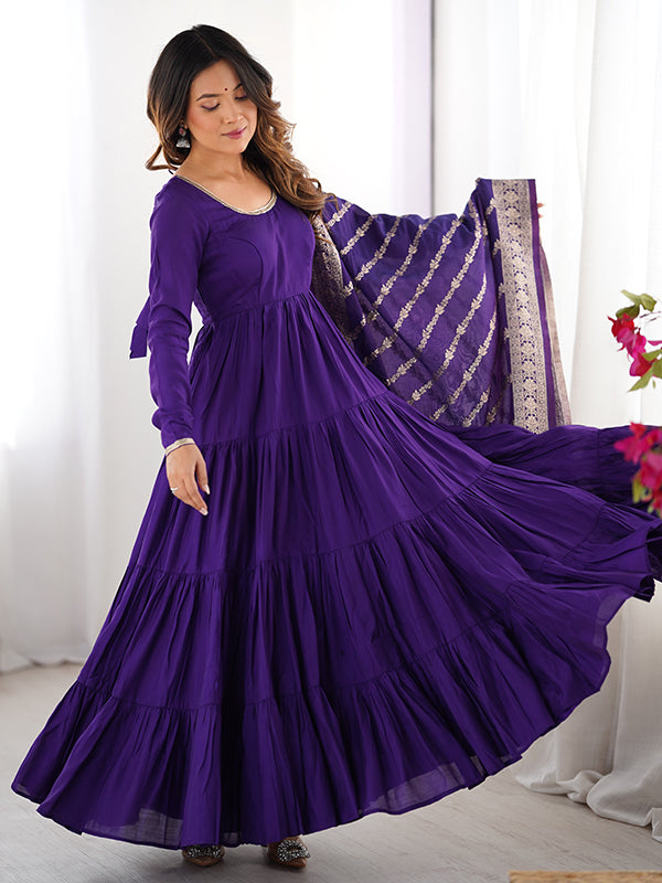 Purple Layered Plain Anarkali Gown With Pant & Dupatta Set