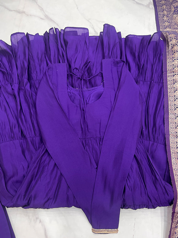 Purple Layered Plain Anarkali Gown With Pant & Dupatta Set