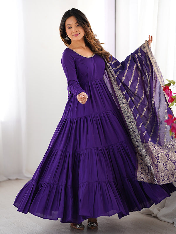Purple Layered Plain Anarkali Gown With Pant & Dupatta Set