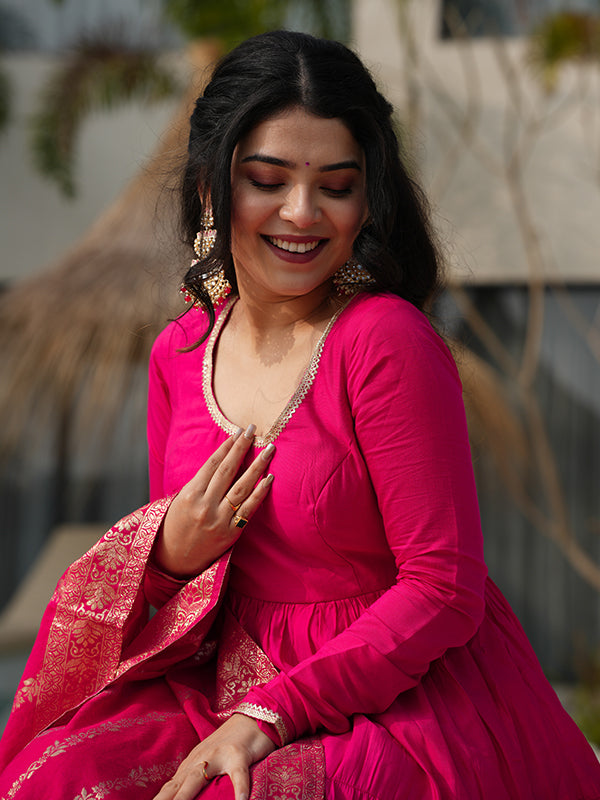 Pink Layered Plain Anarkali Gown With Pant & Dupatta Set