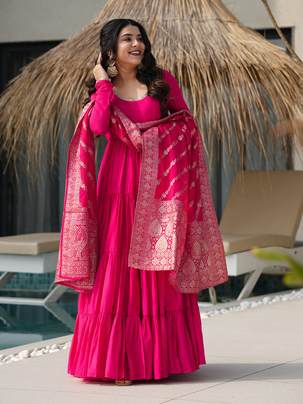 Pink Layered Plain Anarkali Gown With Pant & Dupatta Set