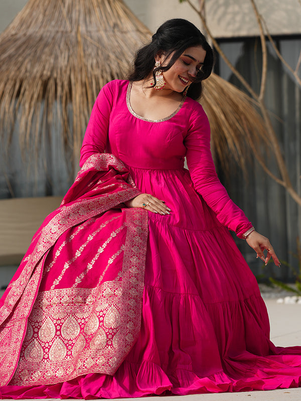 Pink Layered Plain Anarkali Gown With Pant & Dupatta Set