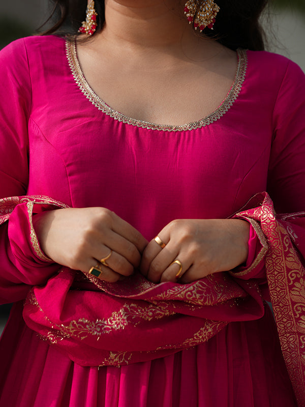 Pink Layered Plain Anarkali Gown With Pant & Dupatta Set