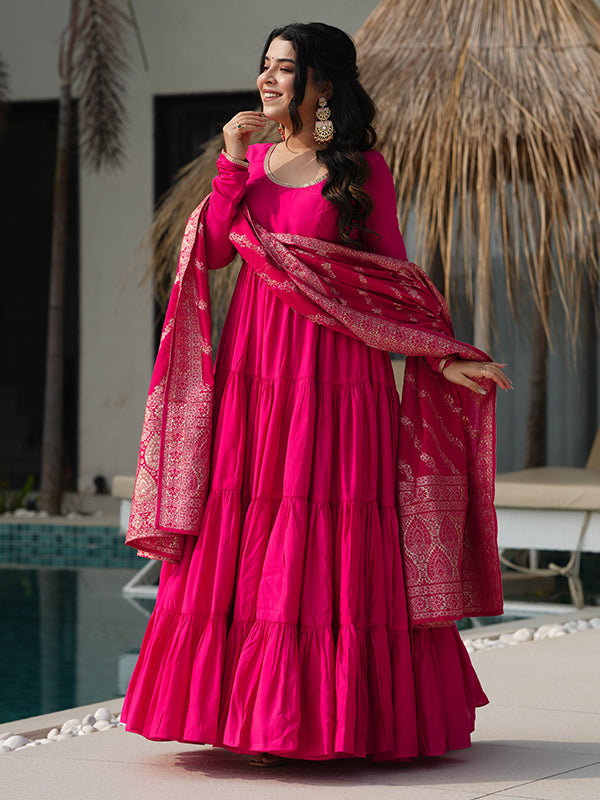Pink Layered Plain Anarkali Gown With Pant & Dupatta Set