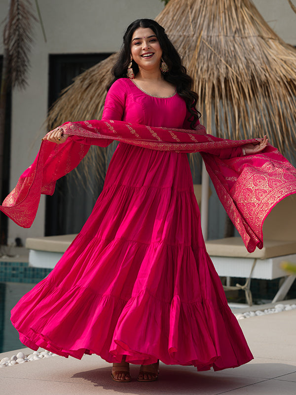 Pink Layered Plain Anarkali Gown With Pant & Dupatta Set
