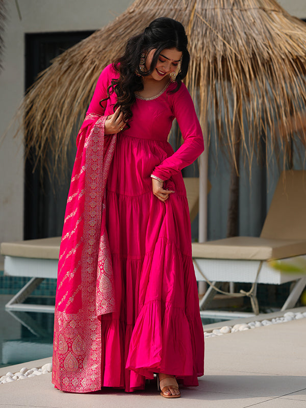 Pink Layered Plain Anarkali Gown With Pant & Dupatta Set
