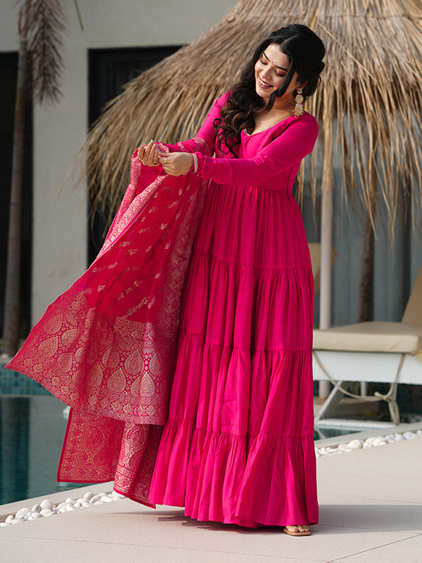 Pink Layered Plain Anarkali Gown With Pant & Dupatta Set