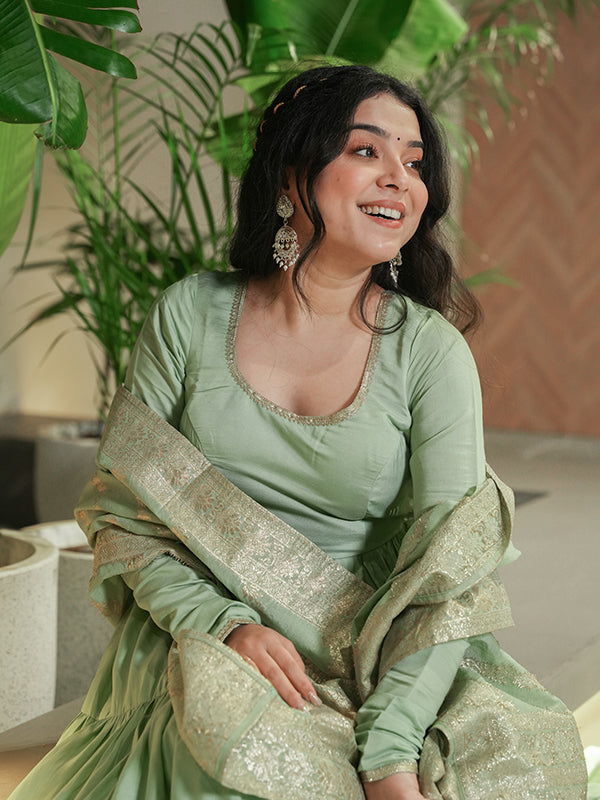 Pista Layered Plain Anarkali Gown With Pant & Dupatta Set