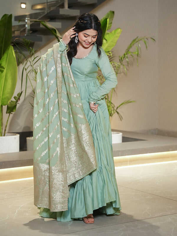 Pista Layered Plain Anarkali Gown With Pant & Dupatta Set