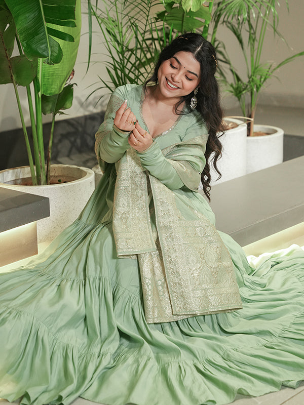Pista Layered Plain Anarkali Gown With Pant & Dupatta Set