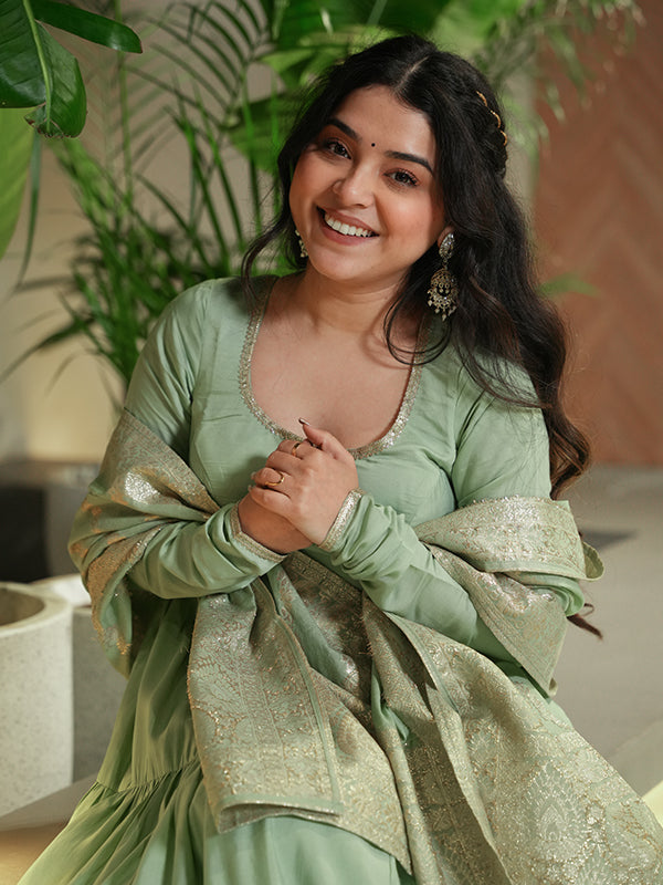 Pista Layered Plain Anarkali Gown With Pant & Dupatta Set