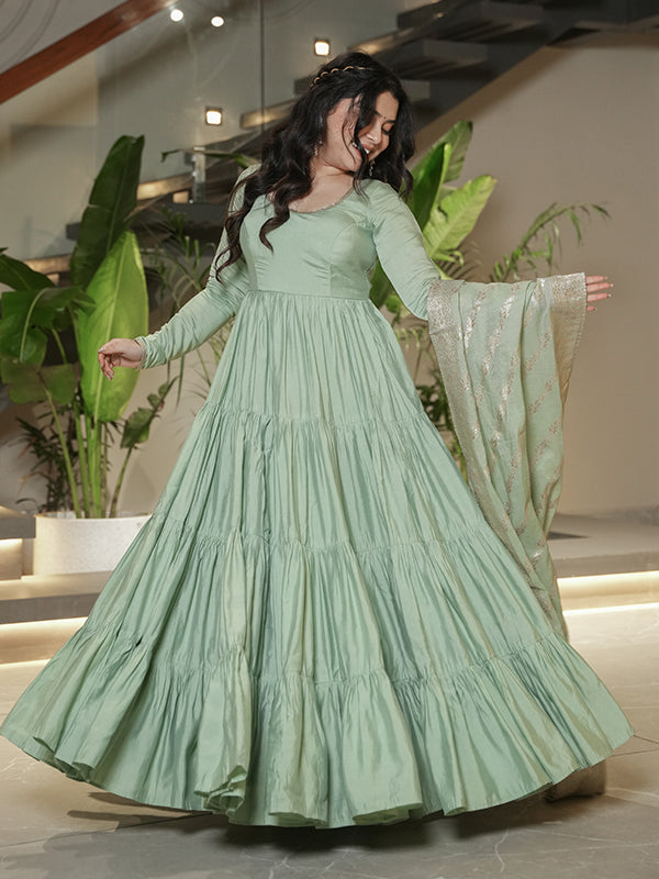 Pista Layered Plain Anarkali Gown With Pant & Dupatta Set