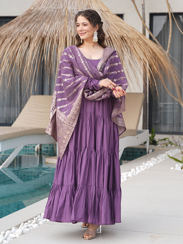 Mauve Layered Plain Anarkali Gown With Pant & Dupatta Set