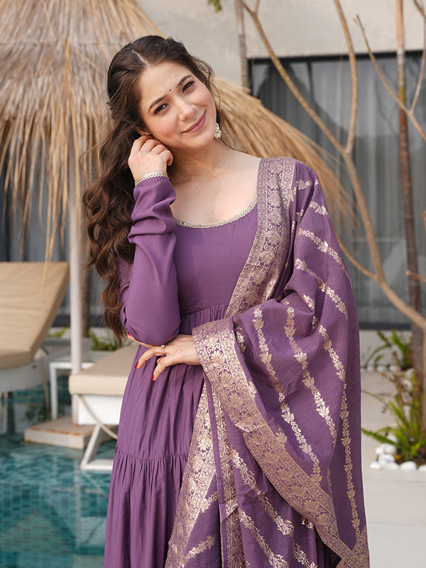 Mauve Layered Plain Anarkali Gown With Pant & Dupatta Set