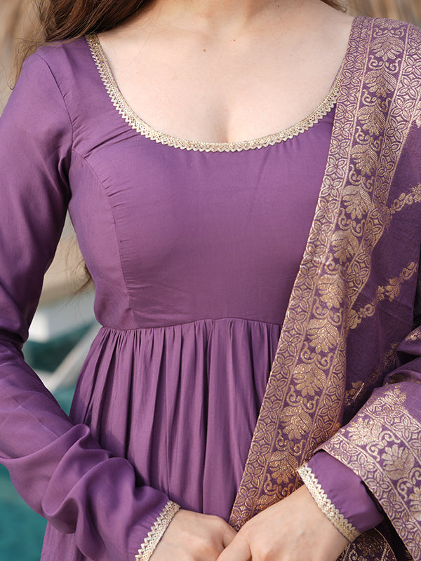 Mauve Layered Plain Anarkali Gown With Pant & Dupatta Set