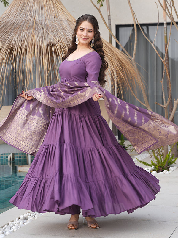 Mauve Layered Plain Anarkali Gown With Pant & Dupatta Set