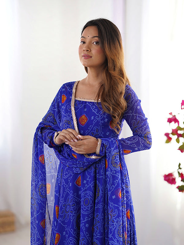 Blue Bandhej Printed Anarkali Gown With Pant & Dupatta Set