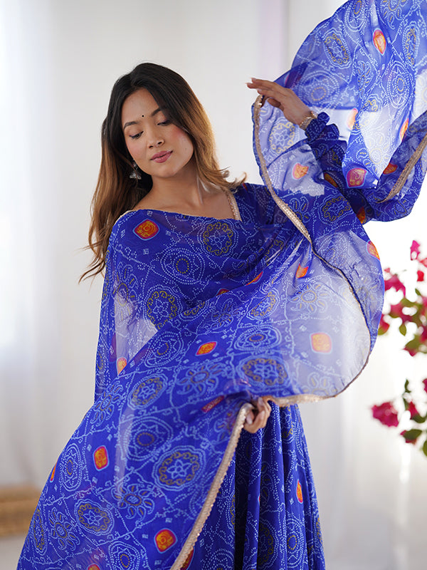 Blue Bandhej Printed Anarkali Gown With Pant & Dupatta Set