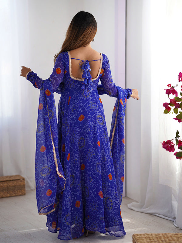 Blue Bandhej Printed Anarkali Gown With Pant & Dupatta Set