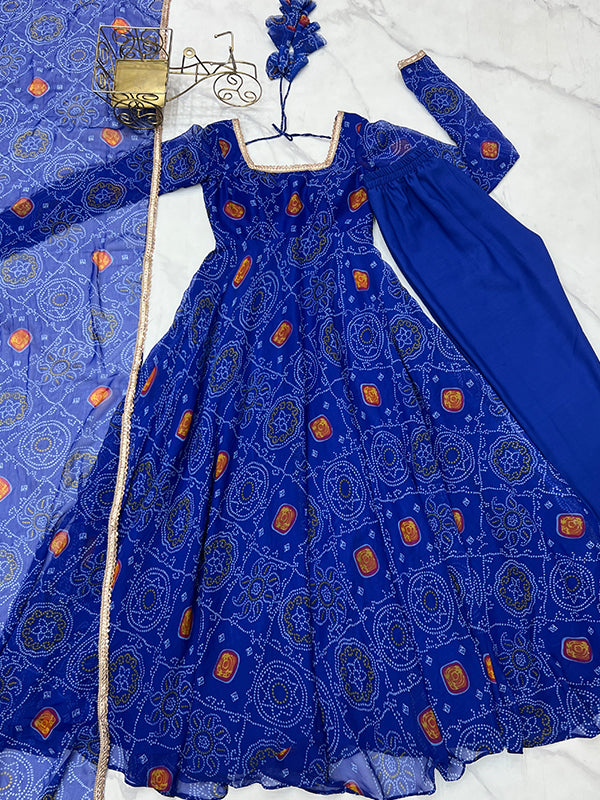 Blue Bandhej Printed Anarkali Gown With Pant & Dupatta Set